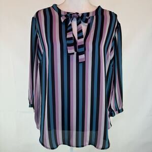 Torrid Women's Georgette Bow Tie Blouse Stripe Blue Pink Top Relaxed Fit 0 L 12